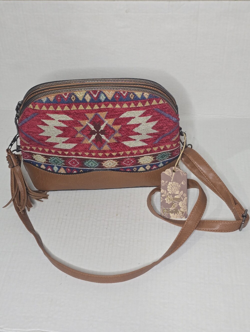 Sam & Hadley Aztec Southwestern Tapestry Crossbody Bag Cognac Vegan NWT Boho